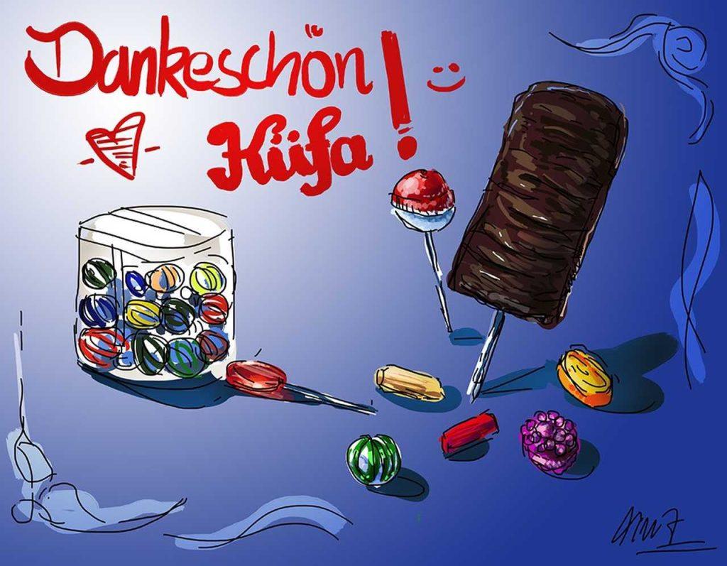 Zeichnung einer Klarsichtdose mit Lutschern und einzelnen Bonbons und einem Friesen-Lolly, Text: Dankeschön Küfa!